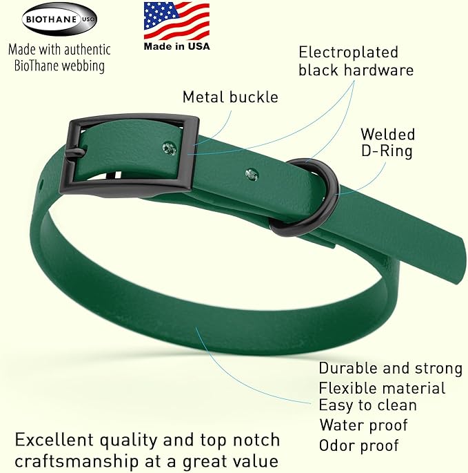 Dogline Biothane Coated Webbing Dog Collar with Black Metal Hardware: Durable Easy-Clean Everyday Collar for Dogs - Comfortable Adjustable Odor-Resistant Pet Collar, W1/2" x L9-12, Hunter Green