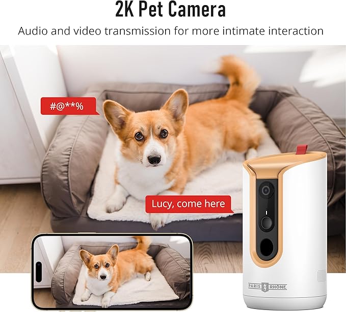 PARIS RHÔNE 2K Pet Camera, 360°View Dog Camera Treat Dispenser, 5G WiFi Pets Monitoring with Phone APP, Two-Way Audio, Infrared Night Vision, Barking Detection and Motion Alerts, Works with Alexa