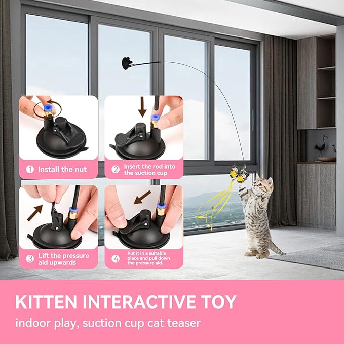 Blrmba Interactive Cat Toys: 4 Ways to Play Indoor Kitten Wand with Suction Cup, Removable 12Pcs Replacements (Feathers, Mice, Butterflies, Caterpillars, Flies, Fur Balls) – Detachable Design