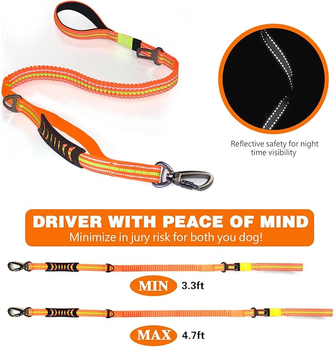 Heavy Duty Dog Leash Especially for Large Dogs Up to 150lbs, Reflective Dog Walking Training Shock Absorbing Bungee Leash with Car Seat Belt Buckle, 2 Padded Traffic Handle for Extra Control