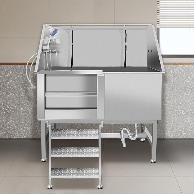 Stainless Steel Dog Washing Station For Large Dogs, Dog Grooming Tub For Home, Professional Dog Bathtub Bathing Station, Pet Wash Station, Dog Shower Tub With Stairs, Drain & Door