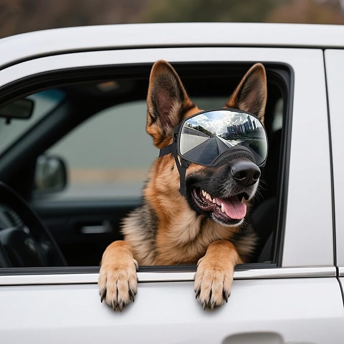 PETLESO Dog Goggles for Medium to Large Breed, UV Protection Dog Sunglasses Wide Version Windproof Eye Wear for Outdoor Driving/Riding/Hiking, Adjustable, Silver Mirror Lens