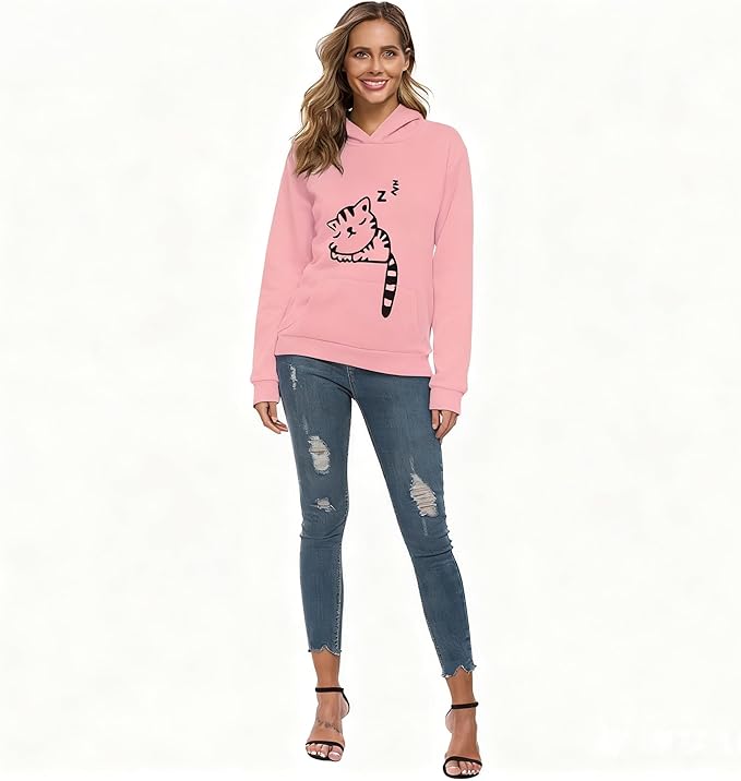 Women Teen Girls Hoodie Sweatshirt With Cute Cat Ear and Sleeping Cat Printed Pullover