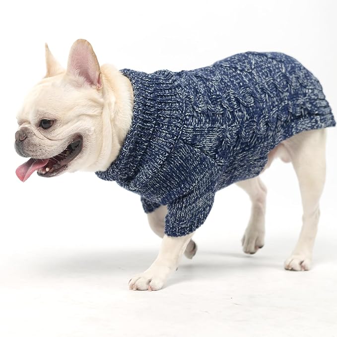 KOOLTAIL Dog Sweater for Large Medium Small Dogs, Fall Dog Sweaters, Turtleneck Cable Knitwear Pet Cold Weather Coats with Leash Hole, Warm Winter Pullover Clothes for Bulldog, Yorkie,Boy Girl,Navy SM