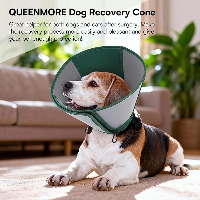 Queenmore Dog Cones for Medium Dogs, Soft Dog Cone, Cone for Dogs After Surgery, Adjustable Recovery Collar for Wound Healing, Comfortable Pet E-Collar to Stop Licking (Dark Green,M)