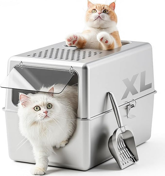 Petinstinct Extra Large Enclosed Stainless Steel Litter Box with Lid, 23.6"x17.7"x15.7" High Sided Metal Cat Litter Box for Indoor Cats, Covered Dog Proof Kitty Litter Pan, Odor Free, Non Sticky, XL