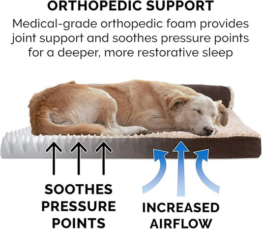 FurHaven Orthopedic Dog Bed & goDog Toy - Squeaky Plush Dino with Chew Guard Technology for Large Dogs - Two-Tone Plush Faux Fur & Suede L Shaped Chaise - Espresso, Jumbo/XL