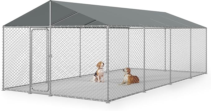 Outdoor Dog Kennel Outside with Metal Large Dog Gate, Outdoor Dog Pens with Roof, Heavy Duty Dog Kennel for Backyard Farm Use (240x120x84IN)