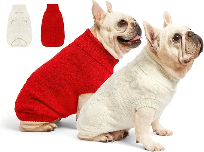 2 Pack Dog Sweaters for Small Dogs - Puppy Medium Warm Clothes in Winter, Turtleneck Pullover Design for Boy Girl Pet, Doggie, Cat, Kitten Chihuahua Bulldog Pug Beagles (M, Red, Beige)