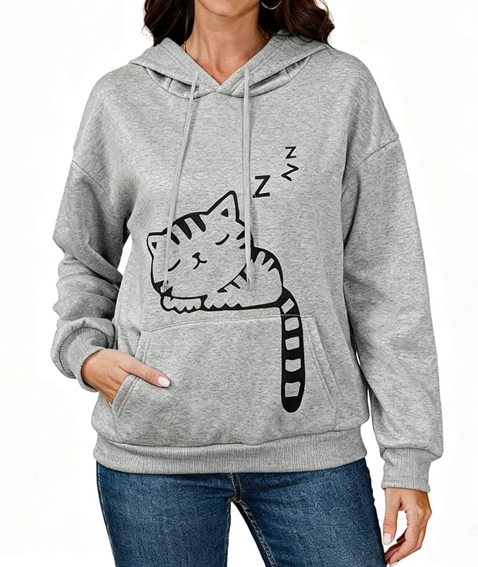 Women Girl Hoodies Cute Cat Ear Novelty Printed Pullover Sweatshirt