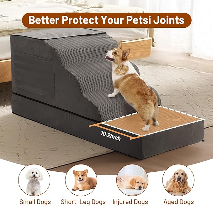 6-Step Dog Stairs for Bed & Couch – H Pet Steps for Puppy & Older Dog, Non-Slip Pet Ramp with Wide Pedals, Sturdy Indoor Dog Ladder for High Furniture 43.3" L x 19.68" W x 29.53" H Grey