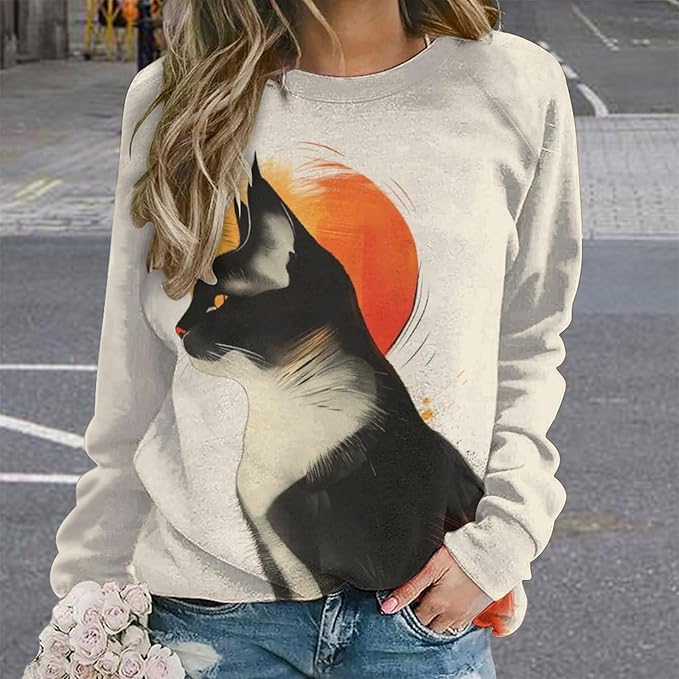 Biacolum Long Sleeve Shirts for Women Mid Century Retro Style Atomic Cat 3D Graphic Sweatshirts Fall Crewneck Pullover Top