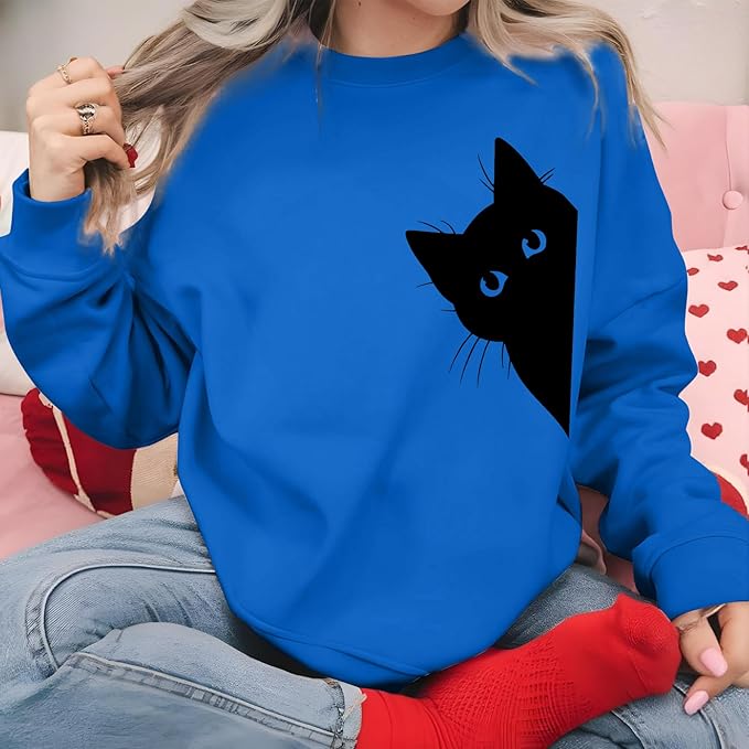 Cat Sweatshirts for Women Graphic Print Sweatshirt Funny Long Sleeve Shirt Cute Pullover Lightweight Hoodie Tops