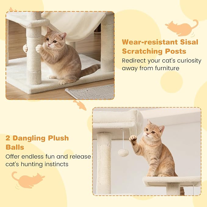 Tangkula Cat Tree for Indoor Cats, 75 Inch Extra Tall Cat Tower with Sisal Scratching Post, Padded Top Perch, Dual Condos, Hammock, 2 Dangling Balls, Platforms, Multi-Level Cat Climbing Furniture