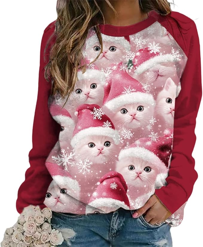 Womens Ugly Christmas Sweatshirt Funny Cat Dog Printed Xmas Pullover Shirts Crewneck Long Sleeve Graphic Hoodies