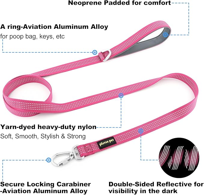 Plutus Pet Heavy Duty Dog Leash with Lockable Aluminum Carabiner, 4/6 Feet Long, Double-Sided Reflective Nylon, Padded Handle, for Puppy, Small, Medium and Large Dogs (Pink, 1" x 6')