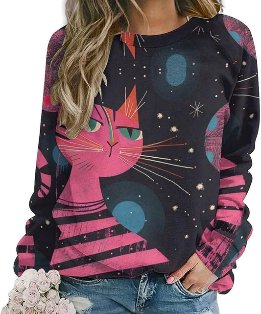 Biacolum Long Sleeve Shirts for Women Mid Century Retro Style Atomic Cat 3D Graphic Sweatshirts Fall Crewneck Pullover Top
