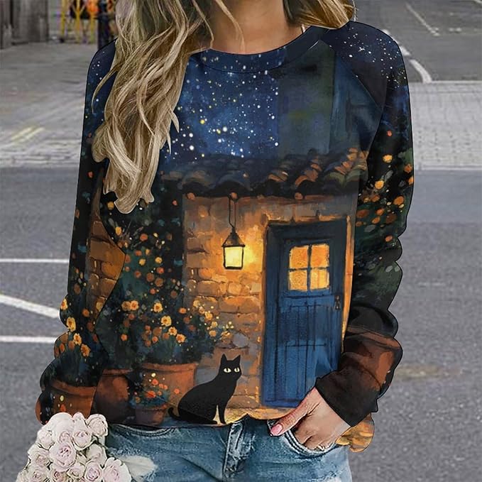 Womens novelty funny cat printed crewneck sweatshirt casual loose long sleeve graphic pullover sweatshirts tops