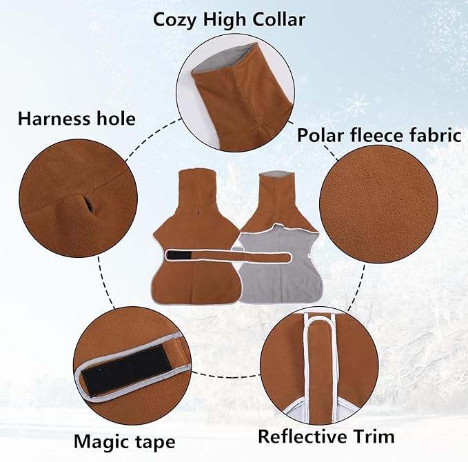 Geyecete Greyhound Cosy Fleece Jumper,Dog Winter Coat with Warm Fleece Lining,Outdoor Dog Apparel with Adjustable Bands for Medium,Large Dog-Brown-M