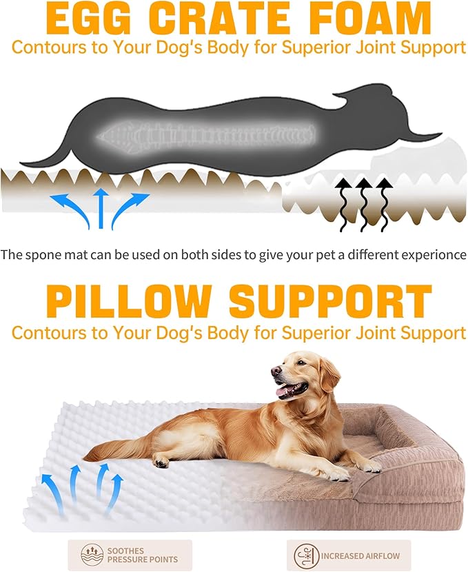 Orthopedic Dog Bed for Extra Large Dogs, 35x25 Inch Waterproof Egg Crate Memory Foam Dogs Bed with Detachable Top, Dog Couch with Zipper Washable Cover, Nonslip Bottom for Living Room, Brown
