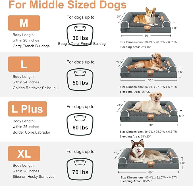 Large Dog Bed Orthopedic Washable: Beds Bolster XL Bed Big XLarge Dogs Memory Foam Couch Sofa Waterproof with Removable Cover - Dark Grey