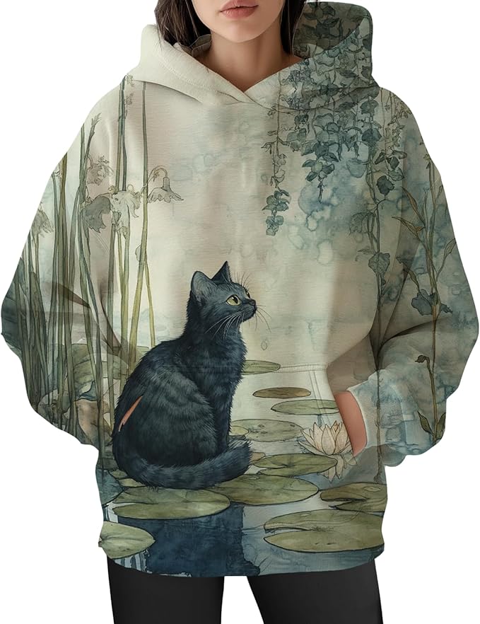 Womens Cat Print Hoodies Trendy Funny Cat Graphic Long Sleeve Sweatshirt Y2k Streetwear Hooded Pullover Tops