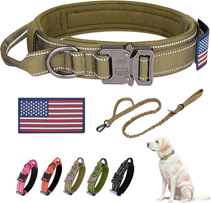 KCUCOP Heavy Duty Tactical Dog Collar and Leash Set, Military Training Nylon Reflective Collar with Handle Metal Buckle for Medium Large Dogs, Brown,M (1 Patch Included)