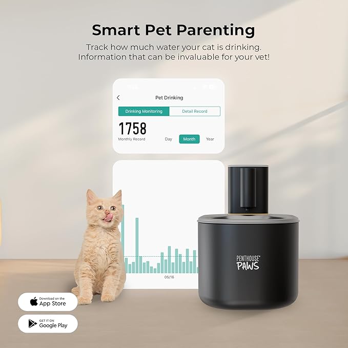 Penthouse Paws Smart Wireless Cat Water Fountain, 3.5L/118oz Automatic Pet Water Dispenser with App Control, Ultra Quiet & Filtered Flow for Cat & Dog
