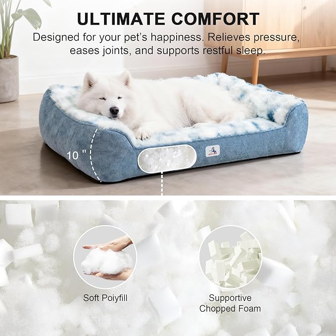 Orthopedic Dog Bed for Large Dogs - 48" Faux Fur Pet Couch with Removable Washable Cover, Nonskid Bottom, Supportive Foam, Comfortable Dog Sofa Bed for Medium Large Dogs, Tie-Dyed Blue