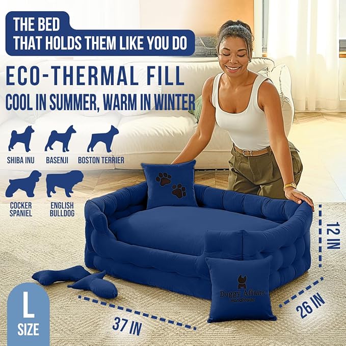 Luxury Dog Bed Chesterfield – Handcrafted Velvet Throne for Dogs | Joint Support, Calming & Temp-Regulating Comfort | Durable 5+ Years, Anti-Claw, Washable 100+ Times – L, Blue