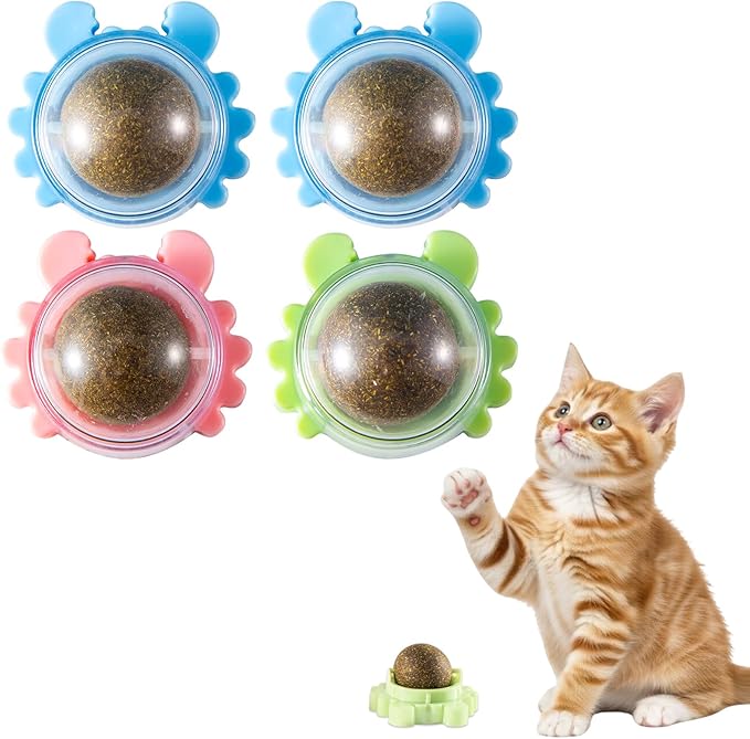 Thorixzen Catnip Ball 360° Balls for Cats Catnip Balls Interactive Toys Wall Catnip Toy Cat Nip Anxiety Relief Indoor Edible Rotatable Play Chew Teeth Cleaning Cat Nips Organic Ball 4 Pack