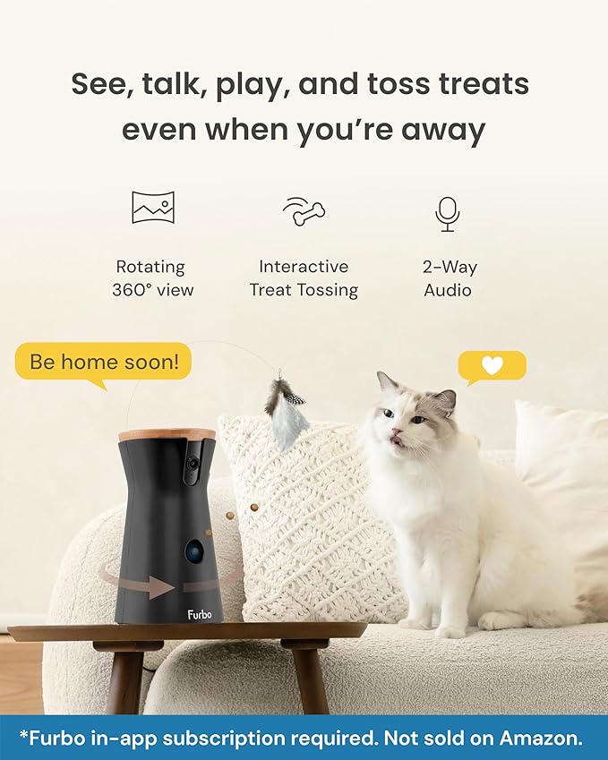 Furbo 360° Cat Camera - Unlock Camera & Smart Features w/Paid Plan: Home Security & Pet Safety Alerts, Rotating Treat Dispenser w/Speaker, Smart Cam w/Phone App (Subscription Required, 3mo Minimum)