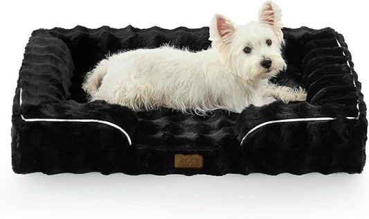 Orthopedic Dog Bed for Large Medium Size Dog, Faux Fur Pet Sofa, Foam Bolster Couch with Waterproof Lining Cover, Anti-Slip, Soft, Warm, Washable, C-Shaped, L 36x27x6.5 inch, Black