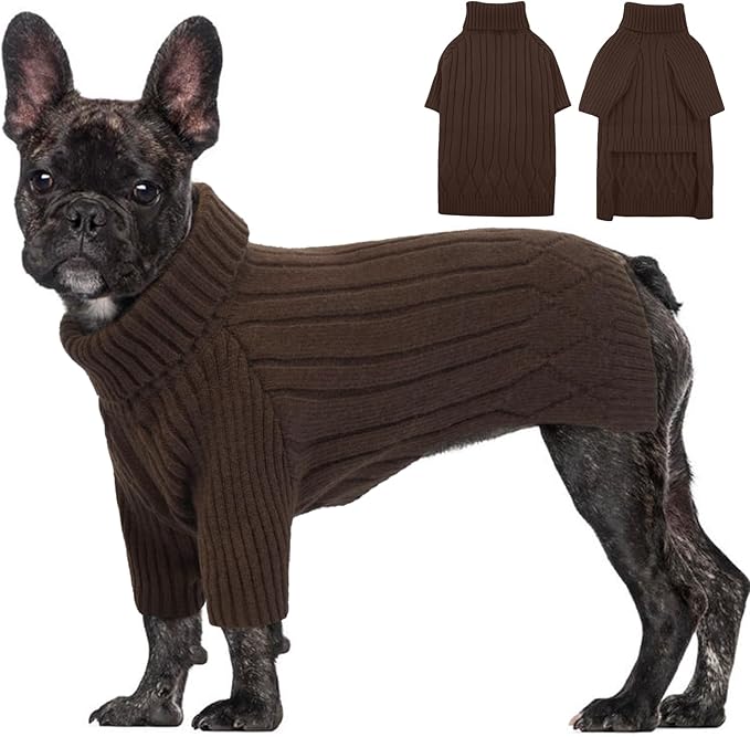 Medium Dog Sweater, Warm Winter Dog Sweaters, Turtleneck Dog Knitwear, Doggie Christmas Sweater, Pet Sweatshirt Clothes Knit French Bulldog, Beagle (Brown M)