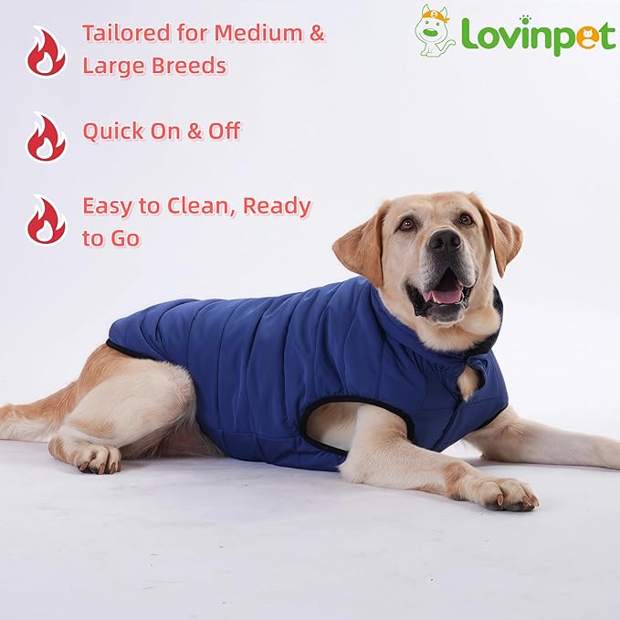 LovinPet Reversible Dog Puffer Coat for Medium & Large Dogs, Down‑Insulated Winter Jacket, Water‑Resistant & Wind‑Resistant, Anti‑Static, Dual-Sided Blue & Black for Cold Weather,L