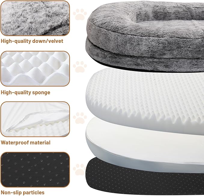 Luxury Plush Donut Pet Bed, Large Round Cushioned Dog Bed, Gray (Plush Surface)