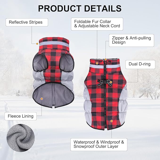 BEAUTYZOO Dog Winter Coat with Harness Built in, Reflective Plaid Puffer Vest Waterproof for Large Dogs, Fleece Warm Puppy Zipped Jacket with D Ring, Pet Cold Weather Sweater Clothes, Red L
