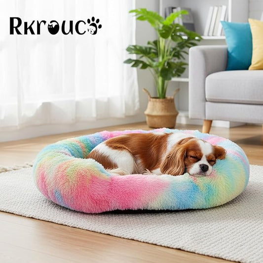 Fluffy Dog Bed Calming Donut Beds for Large Dogs Warming Round Small Medium Pet Nest Cozy Cat Mattress Indoor Washable Puppy Kennel Kittens Sleep Mat (M, 27.5×27.5 inch, Rainbow)