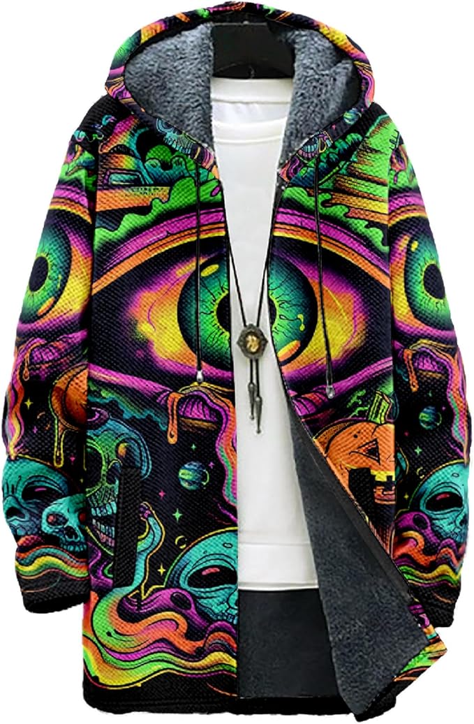 MARSVOVO Cool Hippie Long Cardigan Hoodies for Men Zipper Fleece Lined Knit Coat Skull Animal Print Graphic Jackets