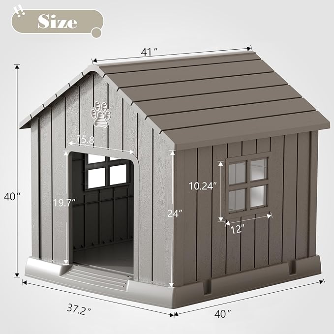 Fancyango Dog House Outdoor Indoor - Waterproof, Ventilated, Easy to Clean, Elevated Floor for Small-Large Dogs, Easy to Assemble (Grey, 37.2" L x 40" W x 40" H)