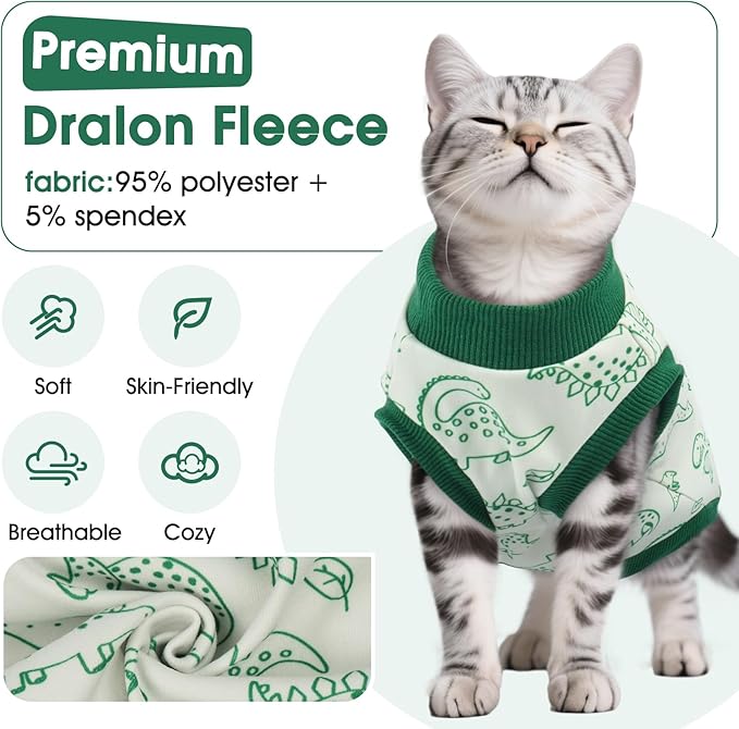 DENTRUN Sleeveless Cat Vest with Dinosaur Print, Breathable Ultra-Soft Dralon Fleece Cat Sweater, All-Season Pet Costume Apparel for Cats, Kitten Clothing for Indoor/Outdoor, Green, XL