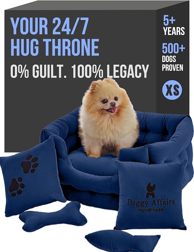 Luxury Dog Bed Chesterfield – Handcrafted Velvet Throne for Dogs | Joint Support, Calming & Temp-Regulating Comfort | Durable 5+ Years, Anti-Claw, Washable 100+ Times – XS, Blue
