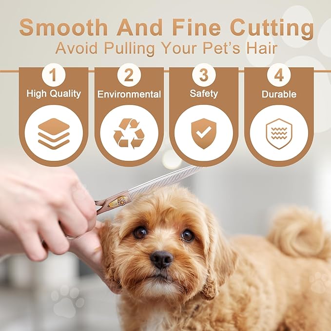 Professional Dog Grooming Scissors Rose Gold 440C Stainless Steel Straight Thinning Curved Chunker Shears for Pet Grooming Services Dogs and Cats (Combo, 7.5‘’)