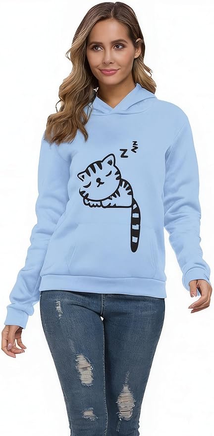 Women Teen Girls Hoodie Sweatshirt With Cute Cat Ear and Sleeping Cat Printed Pullover