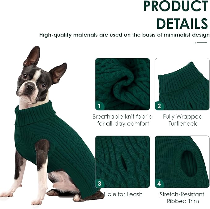 AOFITEE Dog Sweaters for Large Dogs, Stretchy Turtleneck Dogs Sweater for Christmas, Warm Dog Knitwear for Fall Winter, Green Pet Sweater with Harness Hole for Boston Terrier, French Bulldog, L