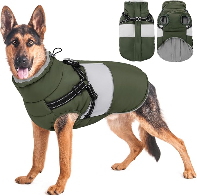 KOESON Dog Coat, Warm Dog Winter Coat for Giant Breeds, Waterproof Dogs Jacket with Harness, Reflective Pet Fleece Lined Puffer Jacket, Turtleneck & Windproof Coats for Great Dane, Golden Retriever