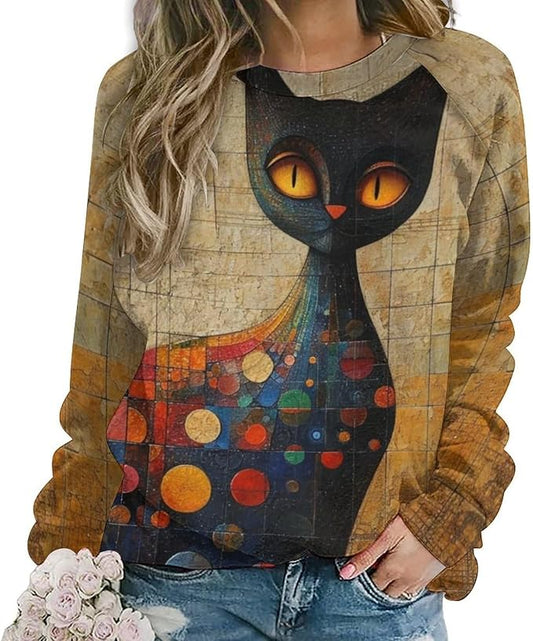 Biacolum Long Sleeve Shirts for Women Mid Century Retro Style Atomic Cat 3D Graphic Sweatshirts Fall Crewneck Pullover Top