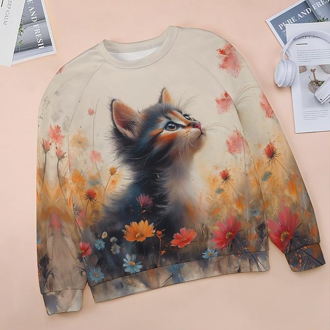 Womens novelty funny cat printed crewneck sweatshirt casual loose long sleeve graphic pullover sweatshirts tops