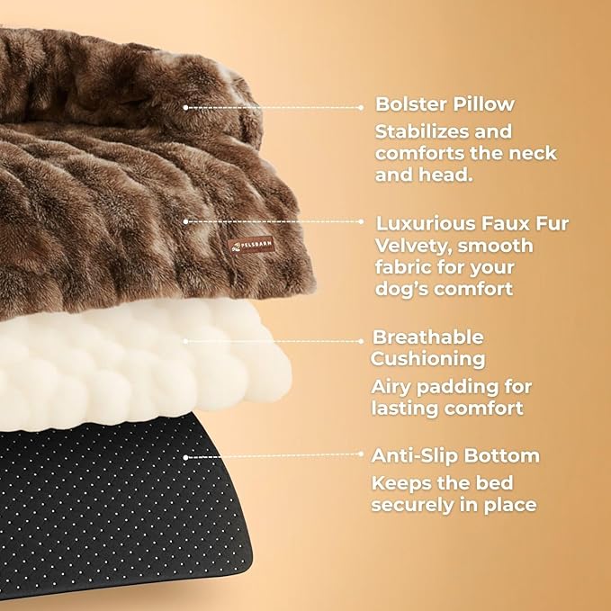 Pelsbarn Dog Bed for Couch, Luxurious Sofa Bed for Dogs with Non-Slip Oxford Bottom - Faux Rabbit Fur with Removable Cover, Small, Brown - 28x28 in