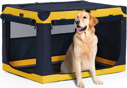 A4Pet Soft Dog Crate 40 Inch Large Portable Collapsible Pet Travel Kennel, 3-Door Lockable Zippers & Reinforced Steel Frame, Easy Setup, Mesh Panels — Ideal for SUV, Car, Camping & Home Use